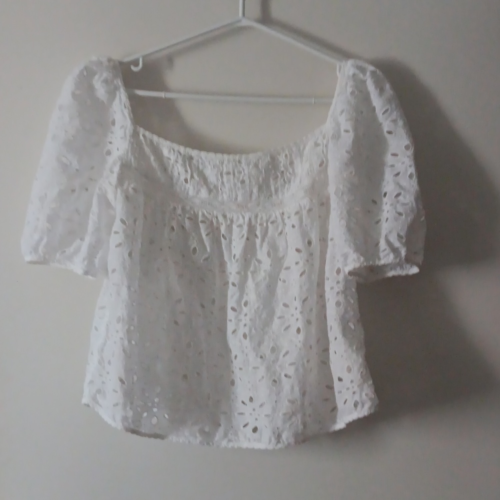 LA BOHEME WILFRED White Cotton Eyelet Puff Sleeve Square Neck Blouse S
